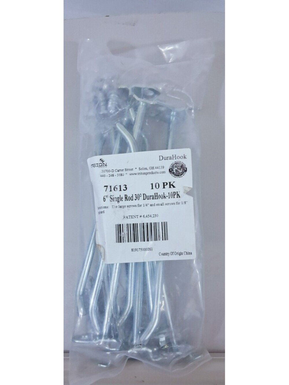 Triton Products 71613 6 In. Single Rod 30 Degree Bend Steel Pegboard Hook 10 PK